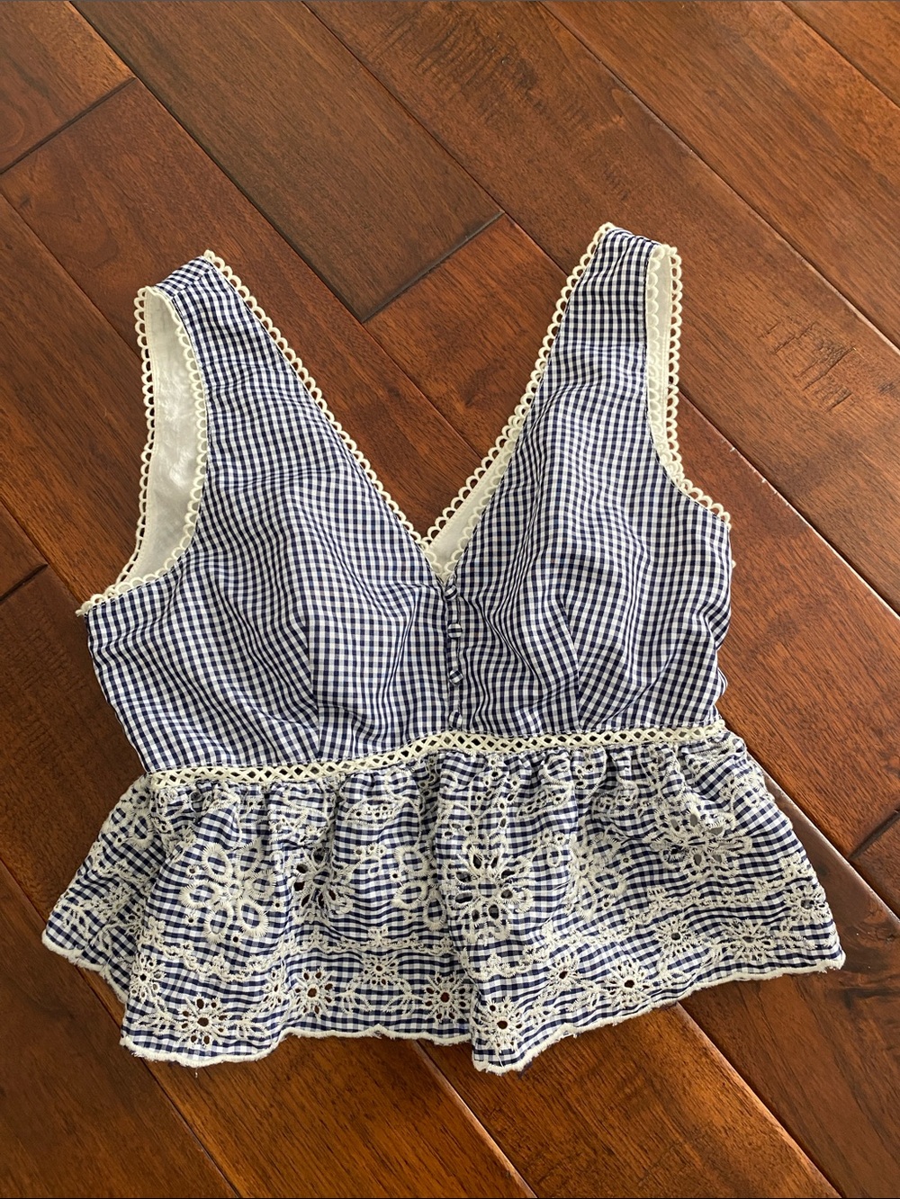 J.O.A. Navy Gingham Lace-Trim Peplum Camisole